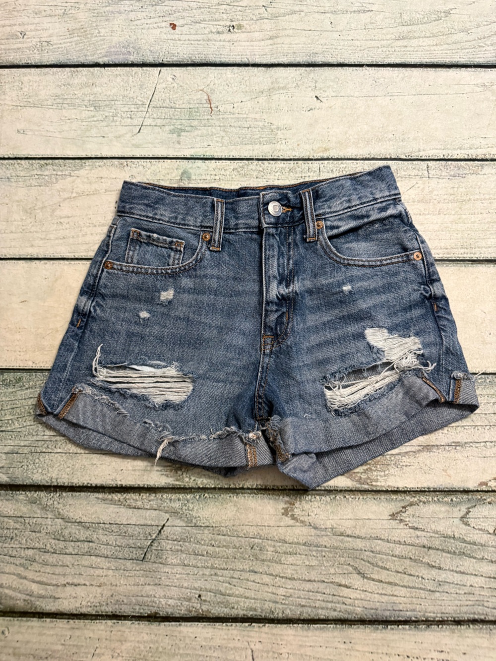 Aeropostale high rise mom Jean distressed denim shorts. 0